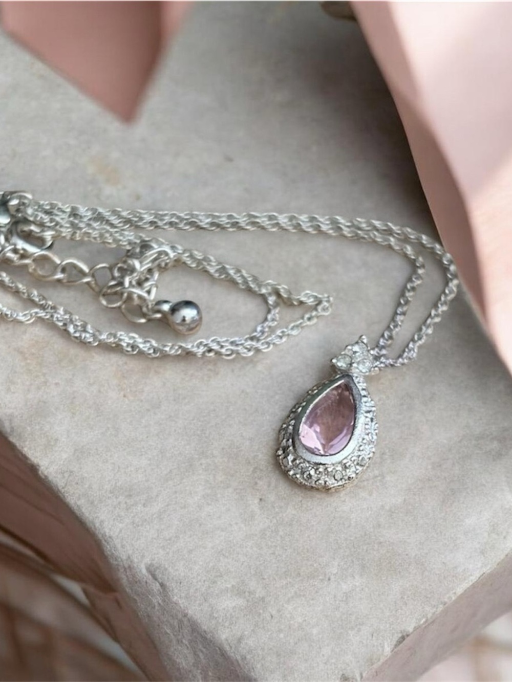 Vintage Avon Pink Pear Crystal Necklace | Raised Silverwork Teardrop Pendant NIB